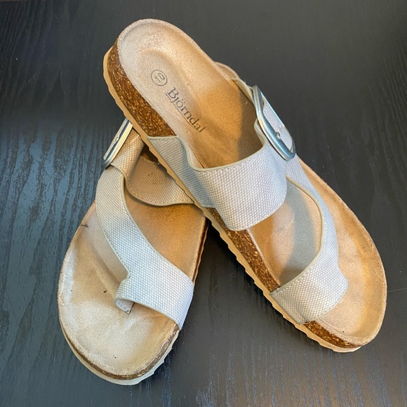 Bjorndal Womens Toe Loop Cork Footbed Sandals Buckle Slide, Gray Brown SZ 10 - Picture 2 of 10